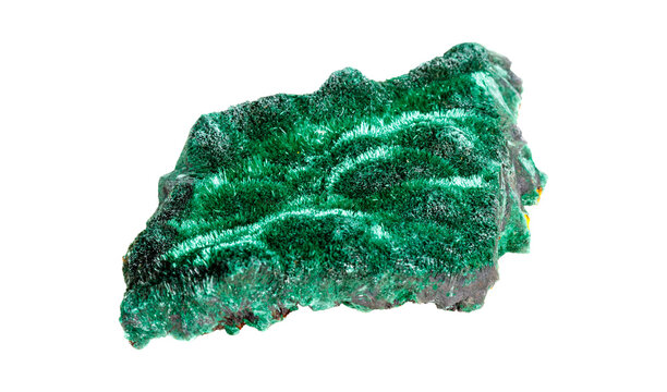Natural malachite stone with distinctive green copper ore patterns displaying geological mineral structure and raw crystalline matrix formation on isolated backdrop