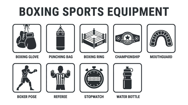 boxing, ring, icon, set, vector, design, bag, belt, fight, symbol, illustration, sport, fist, helmet, boxer, competition, punching, isolated, gong, referee, art, rope, collection, championship, web