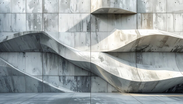 geometric concrete wall surface with undulating waves and pixelated detail, dramatic lighting creating shadows, architectural background