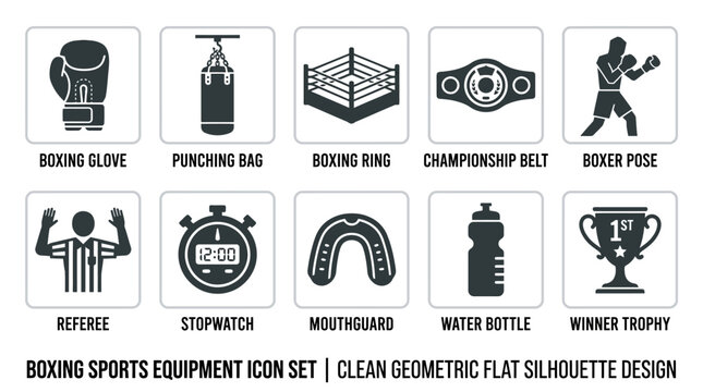 boxing, ring, icon, set, vector, design, bag, belt, fight, symbol, illustration, sport, fist, helmet, boxer, competition, punching, isolated, gong, referee, art, rope, collection, championship, web