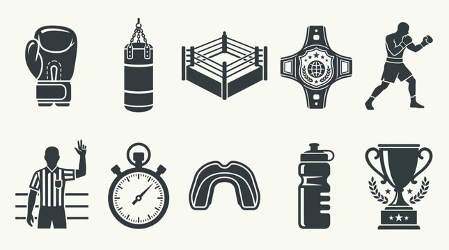 boxing, ring, icon, set, vector, design, bag, belt, fight, symbol, illustration, sport, fist, helmet, boxer, competition, punching, isolated, gong, referee, art, rope, collection, championship, web