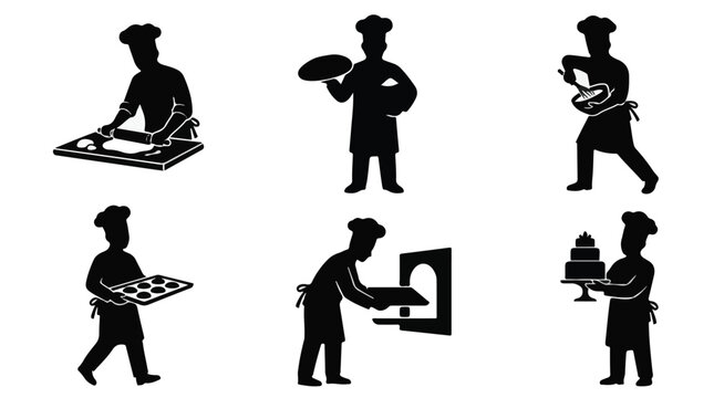 Silhouette illustrations of chefs or bakers in various kitchen activities and poses