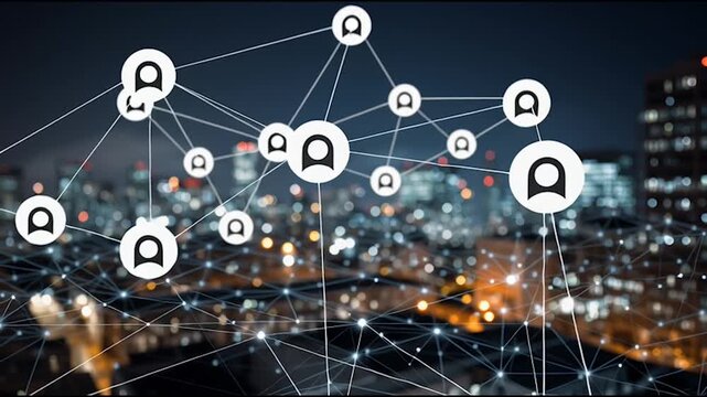 Smart Innovation city with connection cyber security network reciprocity over the cityscape . future wireless digital city and social media networking systems that connects people with in the city