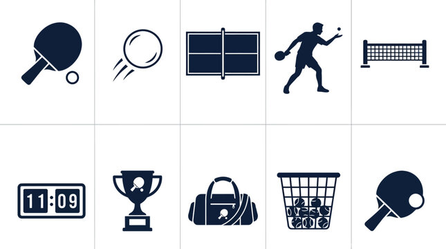 Modern flat silhouette vector icon collection inspired by table tennis, ping pong paddle, table tennis ball, game table, player serve pose, net, score counter, trophy cup, sports bag, and training bas