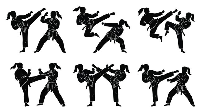 Vector set of silhouettes of women practicing various karate moves and poses
