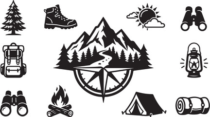 Obraz premium Camping and hiking adventure travel icons set