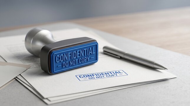 Confidential do not copy rubber stamp resting on legal documents with a silver pen on a wooden desk office setting
