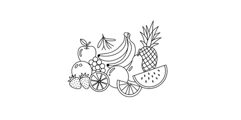 Obraz premium Fruits Hand-Drawn Set with Black Line Art Style Featuring Fruit, Illustration, Banana with Apple and Grapes Elements for Orange, Watermelon Projects,
