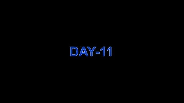 Day 11 text animation neon on black background. neon day 11.Display day text animation with white font against on a solid black background and text animation 