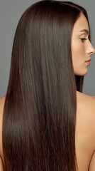 Naklejka premium The girl’s perfectly smooth, long hair boasts impeccable texture and shine, providing an elegant backdrop for adverts for cosmetics, beauty salons and hair care products.