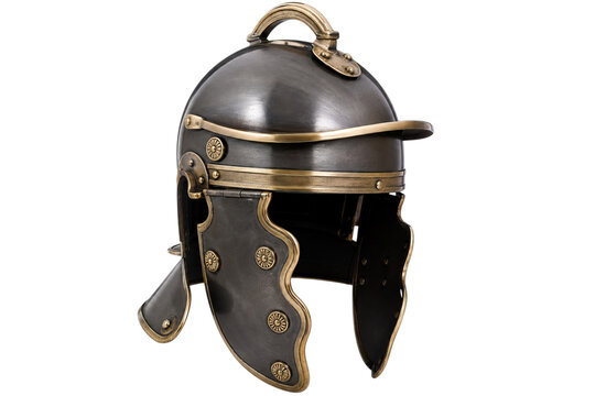 Authentic Roman legionary helmet with brass accents and protective cheek guards