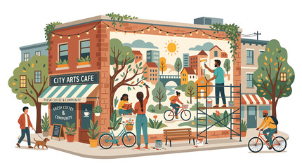 People creating street art on building. © Masini