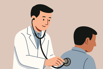 Fototapeta premium Male doctor in a white lab coat using a stethoscope to listen to the lungs of a male patient during a medical checkup.