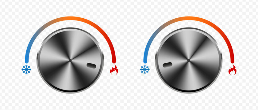 Metallic temperature control knobs with color gradient arcs and icons