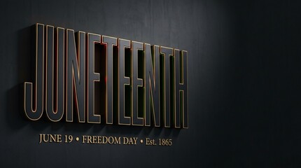 Elegant three dimensional juneteenth typography in gold and black on dark textured wall.