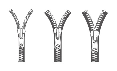 Three dark gray zippers partially open white fastener clothing © Mahin