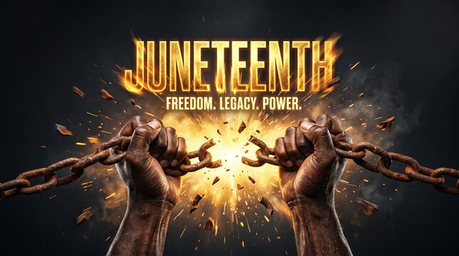 Juneteenth freedom legacy power text over breaking chains image.