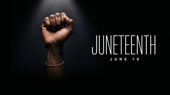 Black fist raised for Juneteenth freedom celebration with minimal typography on dark background.