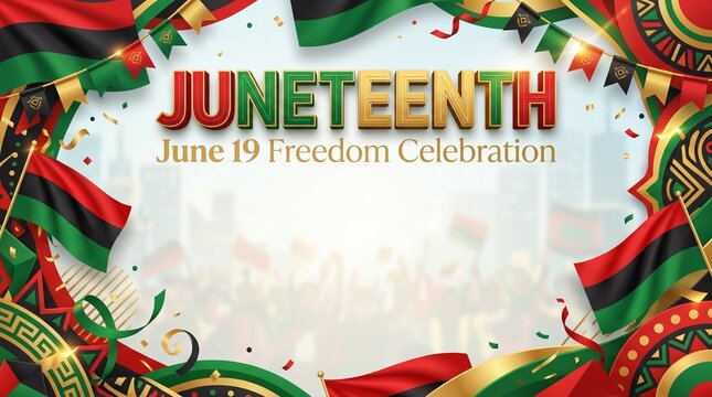 Juneteenth celebration background with flags and festive decorations for freedom holiday.