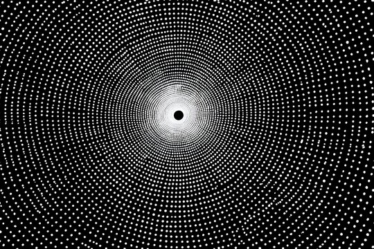 A dizzying, hypnotic vortex of dots creates a sense of infinite depth and motion, drawing the viewer into a surreal, abstract digital landscape.