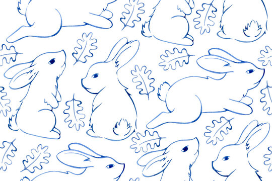 Seamless pattern with rabbits and leaves. blue vintage style.