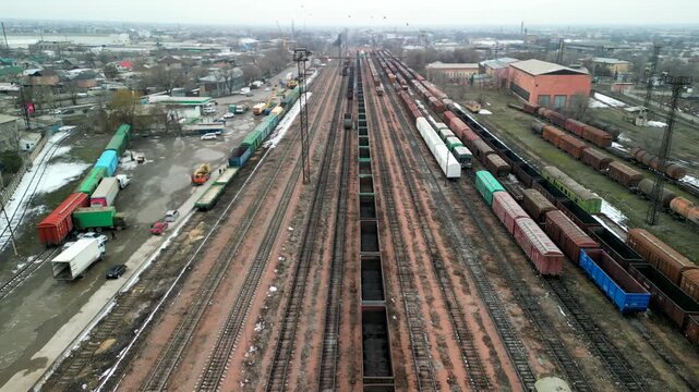 Soviet transport railway carts drone sideways flight shot