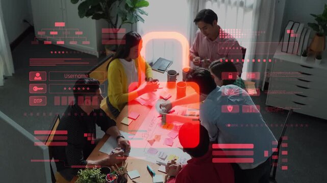 A diverse team collaborates on cybersecurity strategies in a modern workspace, surrounded by tools and graphics that symbolize digital data protection and security measures. Raster