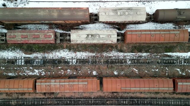 Soviet transport railway carts drone top-down flight shot