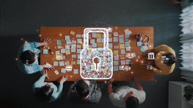 This image captures a diverse group engaged in a collaborative strategy session over a table filled with sticky notes, focusing on digital security and network protection concepts. Raster