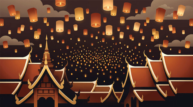 Nighttime scene with floating lanterns above temple.
