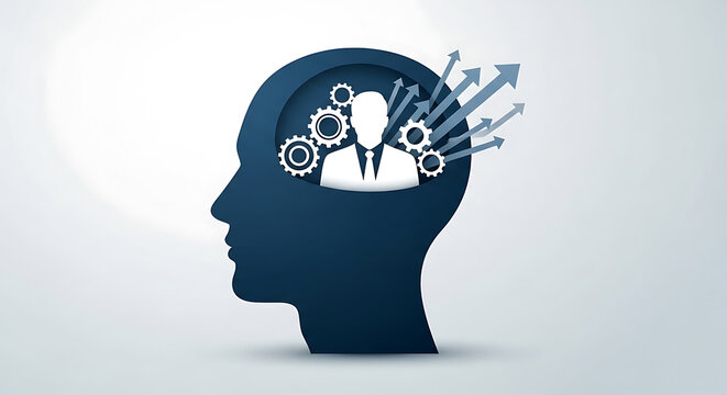 Human head silhouette with gears and arrows emanating conceptual illustration on transparent background