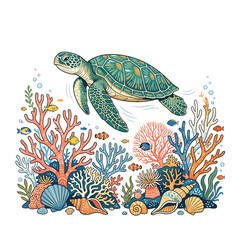 Sea Turtle Swimming Coral Reef Fish. © Rohimah