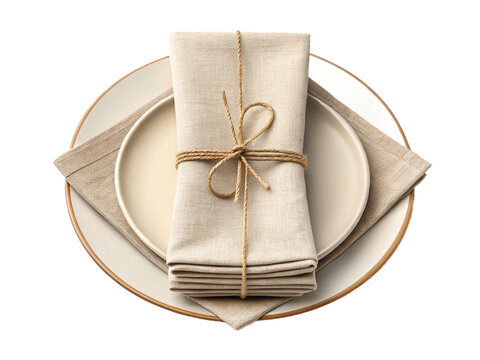 Folded beige linen napkins tied with twine isolated on transparent background
