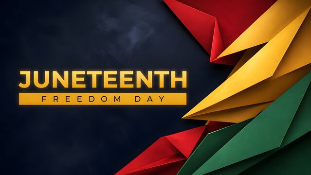 Juneteenth Freedom Day celebration with real raised hands, glowing heart palms, black smoky background, Pan African colors, unity, love and June 19 emancipation Holiday