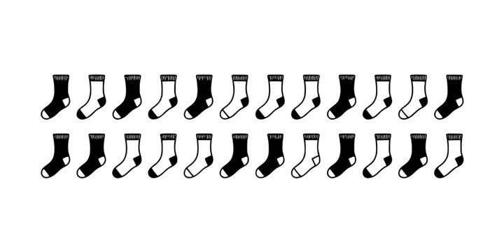 Sock Pattern in Rows of Black and White Socks on a Clean White Background, Repeating Casual Footwear Design