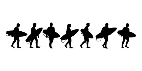 Obraz premium Surfers Carrying Surfboards on a Beach in a Row, Black Silhouettes Featuring Walking, Ocean, Waves with Water and Sports Elements for Athletes