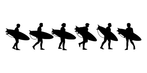 Fototapeta premium Surfers Carrying Surfboards in a Sequence of Walking Poses Featuring Surfer, Surfboard, Silhouette with Motion and Beach Elements for Ocean, Sport