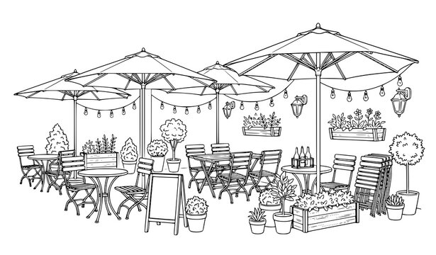 Outdoor cafe street restaurant tables and umbrellas line art vector