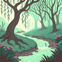 Fototapeta premium A serene forest scene with a winding stream and lush greenery landscape environment outdoors wilderness botanical ecosystem peaceful tranquil relaxing beautiful picturesque