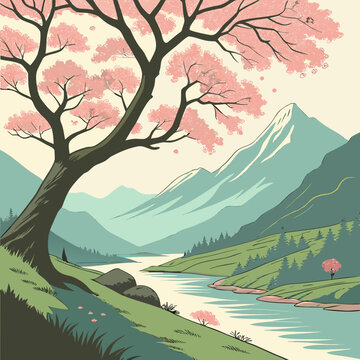 Pink flowering tree with mountain landscape and river eco friendly mountain landscape outdoors reflection tranquil peaceful relaxing panorama environment wilderness greenery blooming