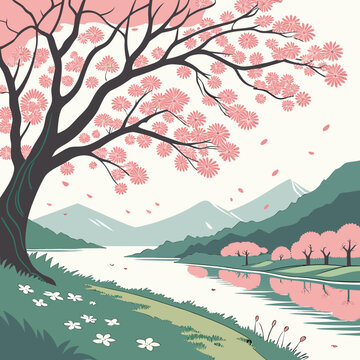 Pink flowering tree with mountain landscape and river eco friendly mountain landscape outdoors reflection tranquil peaceful relaxing panorama environment wilderness greenery blooming