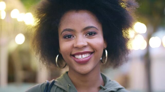 Happy, college student and face of black woman in city with confidence for education with scholarship. Bokeh, knowledge and portrait of African female person with gap in town for university campus.