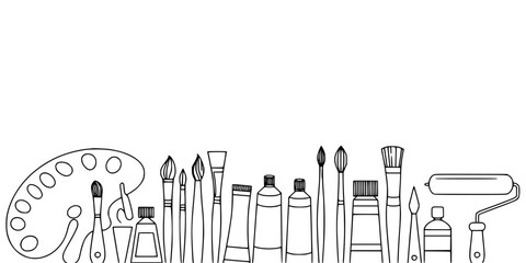 Obraz premium Art Supplies Including Brushes, Paints, and a Palette Arranged in a Row Featuring Drawing Tools, Painting Tools, Artist Tools with Creative Tools