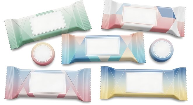 Set of candy bar wrappers with pastel geometric patterns and blank labels for product branding