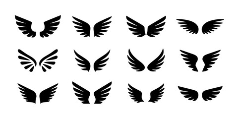 Obraz premium Wings in Various Symmetrical Designs and Styles Featuring Black, Silhouette, Graphic with Vector and Art Elements for Illustration Projects, Clean