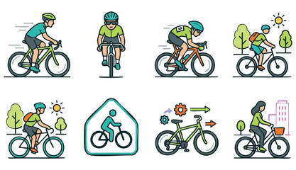 Obraz premium Bicycle with man icon set. Person riding a bike vector illustration. Bicyclist symbol. Bike race sign. Active lifestyle bicycle outline concept.