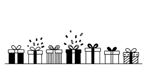 Obraz premium Gift Boxes and Present Icons with Ribbons and Stripes Lined Up on a Clean White Background Featuring Ribbon, Bow, Wrapping Paper with Stripe Pattern