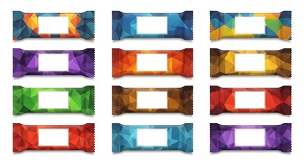 Fototapeta premium Assortment of snack wrappers with geometric polygon artwork and blank labels for branding mockups