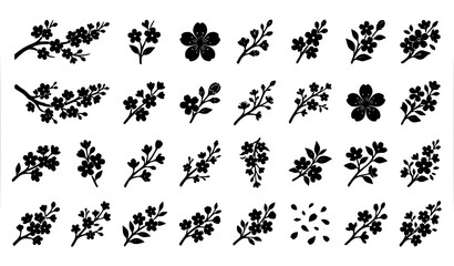Obraz premium Set of small delicate floral branch silhouettes isolated on white background vector