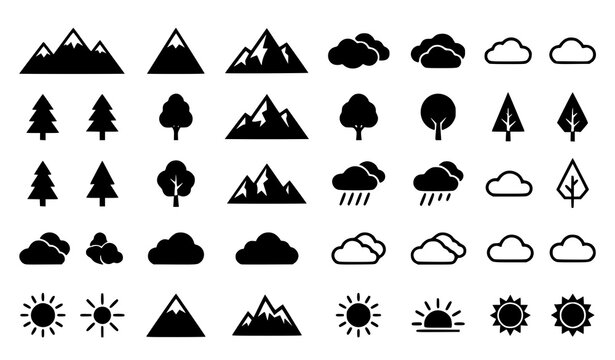 Nature mountains clouds and weather forecast silhouette icons bundle vector